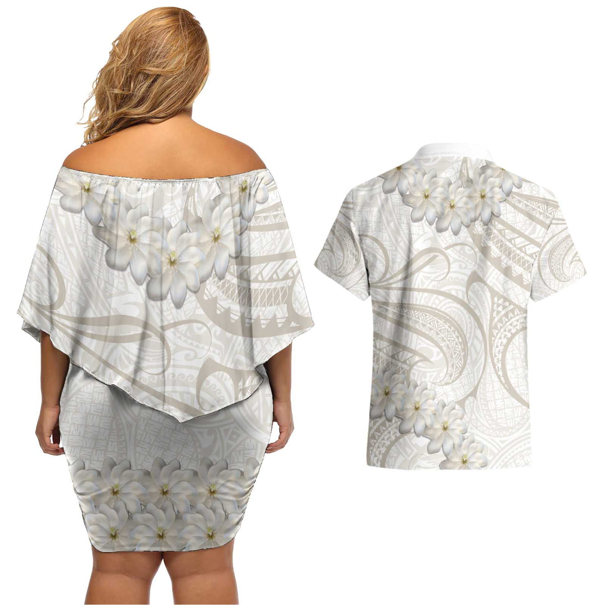 Tokelau Gardenia Thunbergia Couples Matching Off Shoulder Short Dress and Hawaiian Shirt Black Polynesian Art Vibe