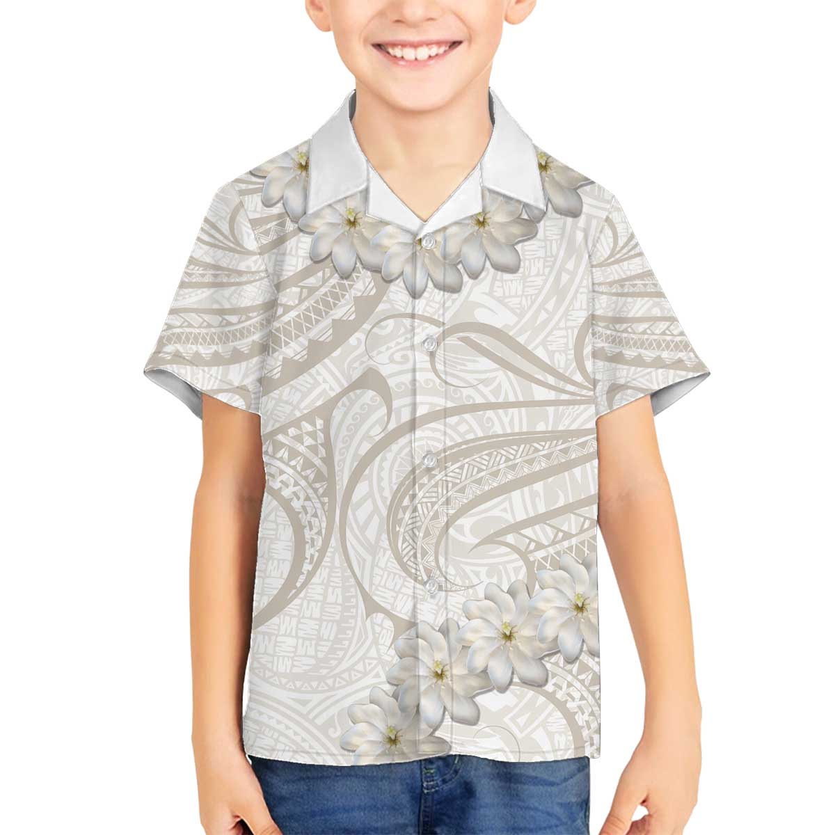 Tokelau Gardenia Thunbergia Family Matching Off Shoulder Short Dress and Hawaiian Shirt Black Polynesian Art Vibe