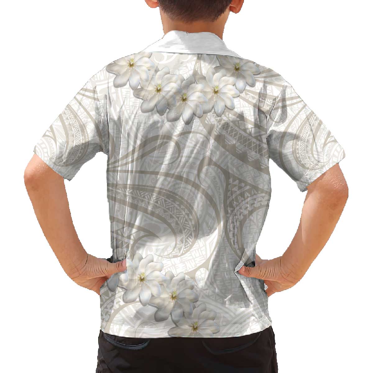 Tokelau Gardenia Thunbergia Family Matching Puletasi and Hawaiian Shirt Black Polynesian Art Vibe