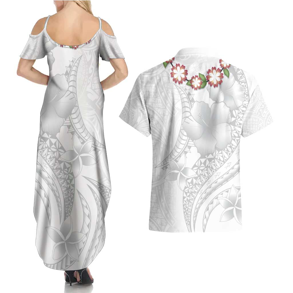 Manuia le Aso Sa o Tamaiti Tonga Couples Matching Summer Maxi Dress and Hawaiian Shirt White Sunday Heilala Lei