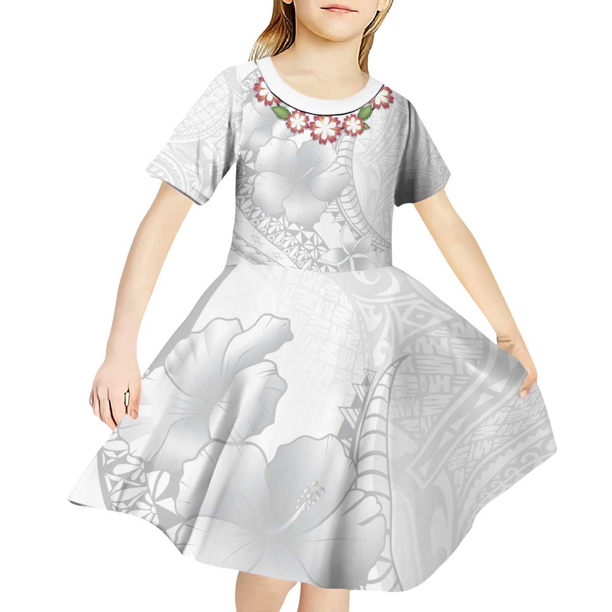 Manuia le Aso Sa o Tamaiti Tonga Kid Short Sleeve Dress White Sunday Heilala Lei