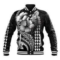 Hawaiian Sea Turtle Baseball Jacket Black Hibiscus Flowers and Kakau Pattern