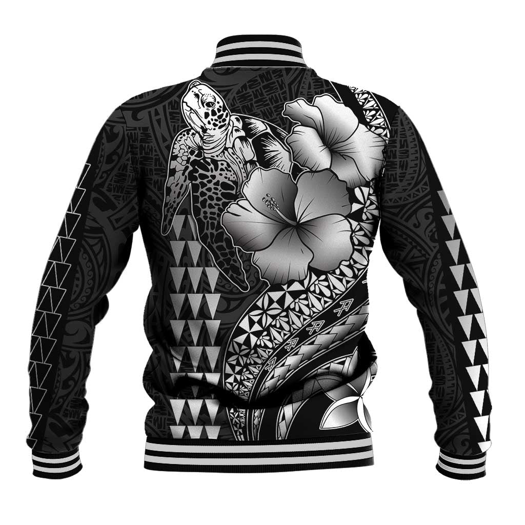 Hawaiian Sea Turtle Baseball Jacket Black Hibiscus Flowers and Kakau Pattern