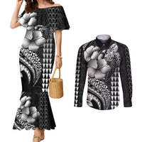 Hawaiian Sea Turtle Couples Matching Mermaid Dress and Long Sleeve Button Shirt Black Hibiscus Flowers and Kakau Pattern
