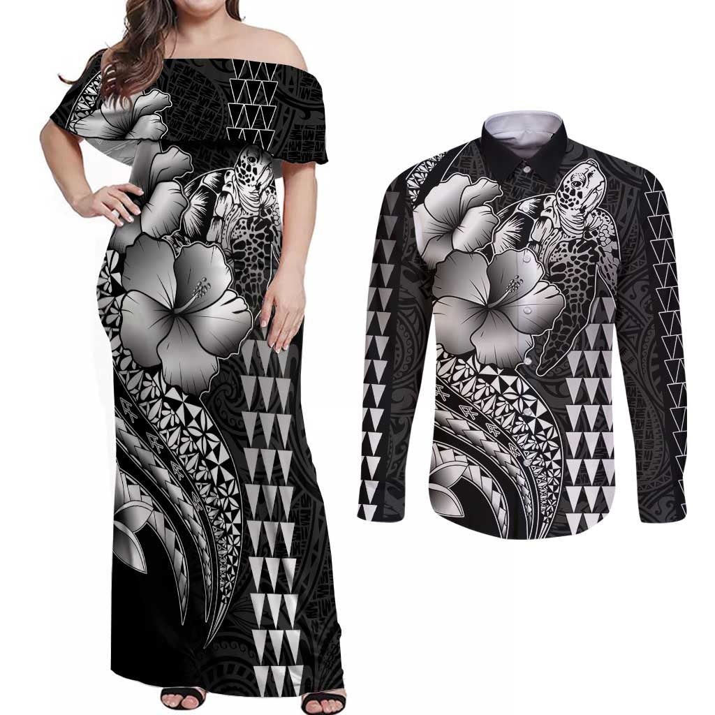 Hawaiian Sea Turtle Couples Matching Off Shoulder Maxi Dress and Long Sleeve Button Shirt Black Hibiscus Flowers and Kakau Pattern