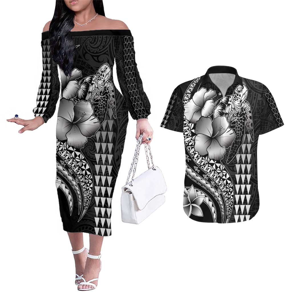Hawaiian Sea Turtle Couples Matching Off The Shoulder Long Sleeve Dress and Hawaiian Shirt Black Hibiscus Flowers and Kakau Pattern
