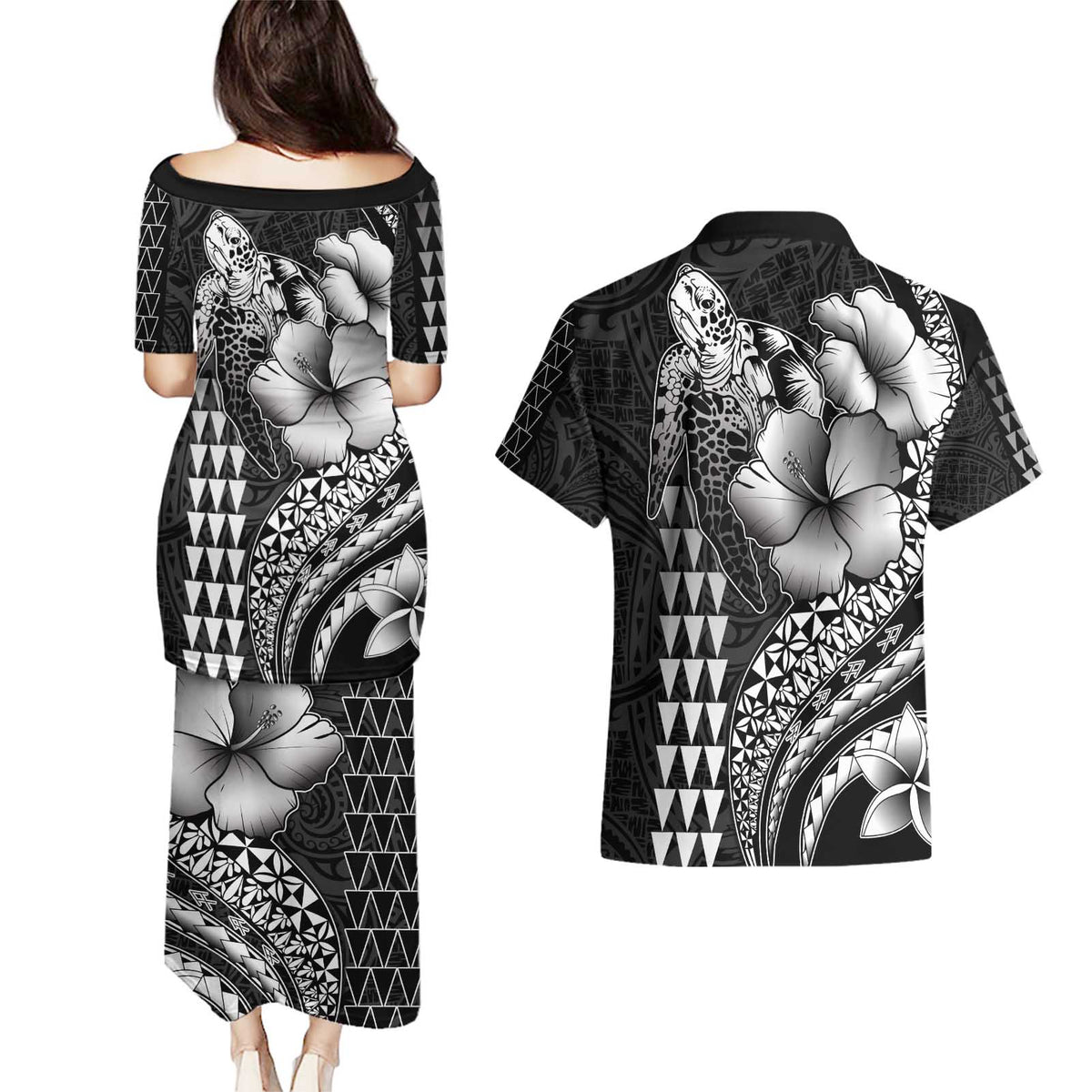 Hawaiian Sea Turtle Couples Matching Puletasi and Hawaiian Shirt Black Hibiscus Flowers and Kakau Pattern