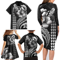 Hawaiian Sea Turtle Family Matching Long Sleeve Bodycon Dress and Hawaiian Shirt Black Hibiscus Flowers and Kakau Pattern