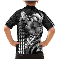 Hawaiian Sea Turtle Family Matching Mermaid Dress and Hawaiian Shirt Black Hibiscus Flowers and Kakau Pattern