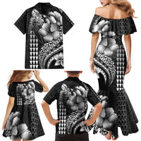 Hawaiian Sea Turtle Family Matching Mermaid Dress and Hawaiian Shirt Black Hibiscus Flowers and Kakau Pattern