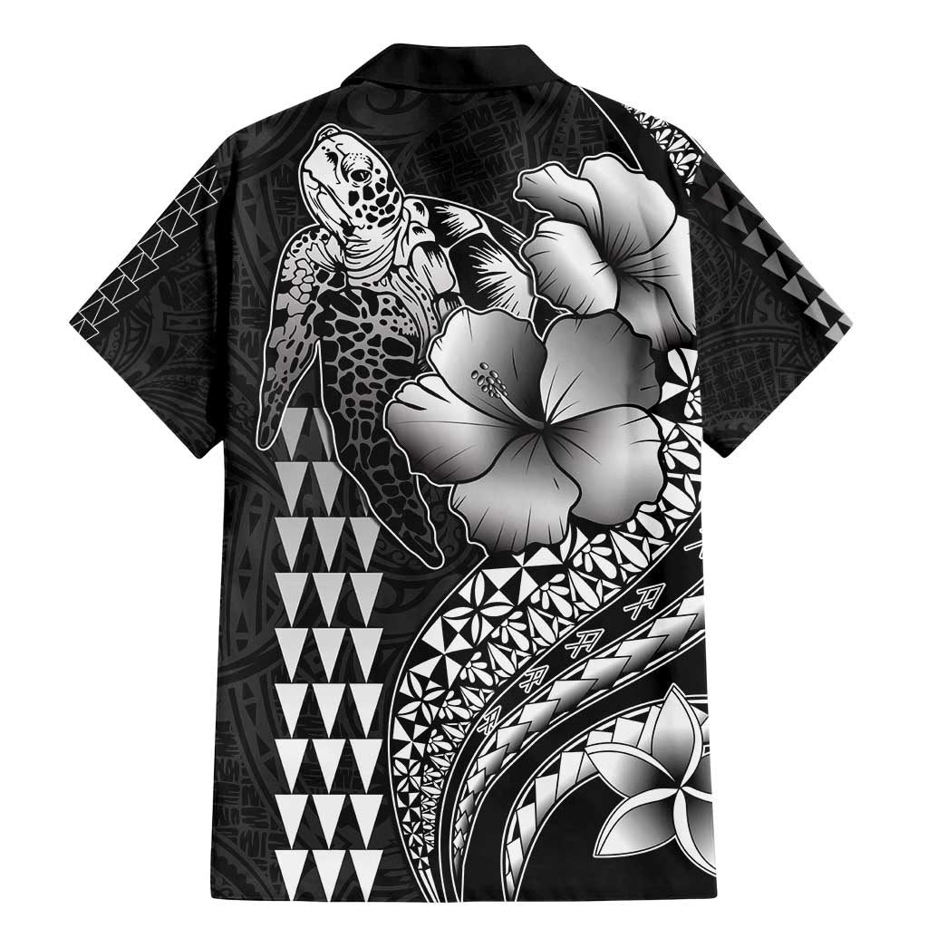 Hawaiian Sea Turtle Family Matching Mermaid Dress and Hawaiian Shirt Black Hibiscus Flowers and Kakau Pattern