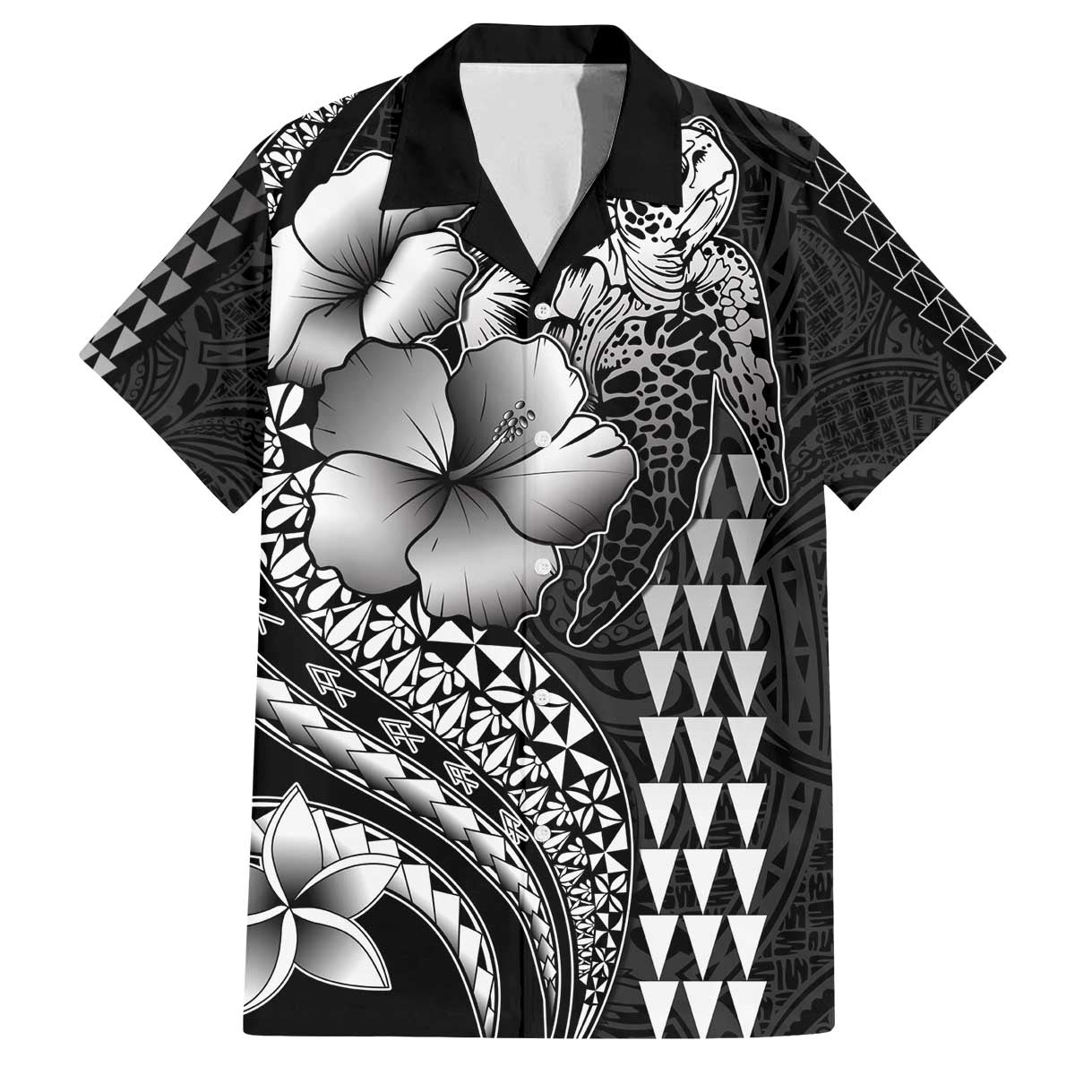 Hawaiian Sea Turtle Family Matching Off Shoulder Short Dress and Hawaiian Shirt Black Hibiscus Flowers and Kakau Pattern
