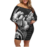 Hawaiian Sea Turtle Family Matching Off Shoulder Short Dress and Hawaiian Shirt Black Hibiscus Flowers and Kakau Pattern