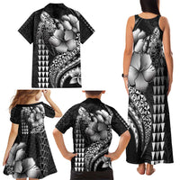 Hawaiian Sea Turtle Family Matching Tank Maxi Dress and Hawaiian Shirt Black Hibiscus Flowers and Kakau Pattern