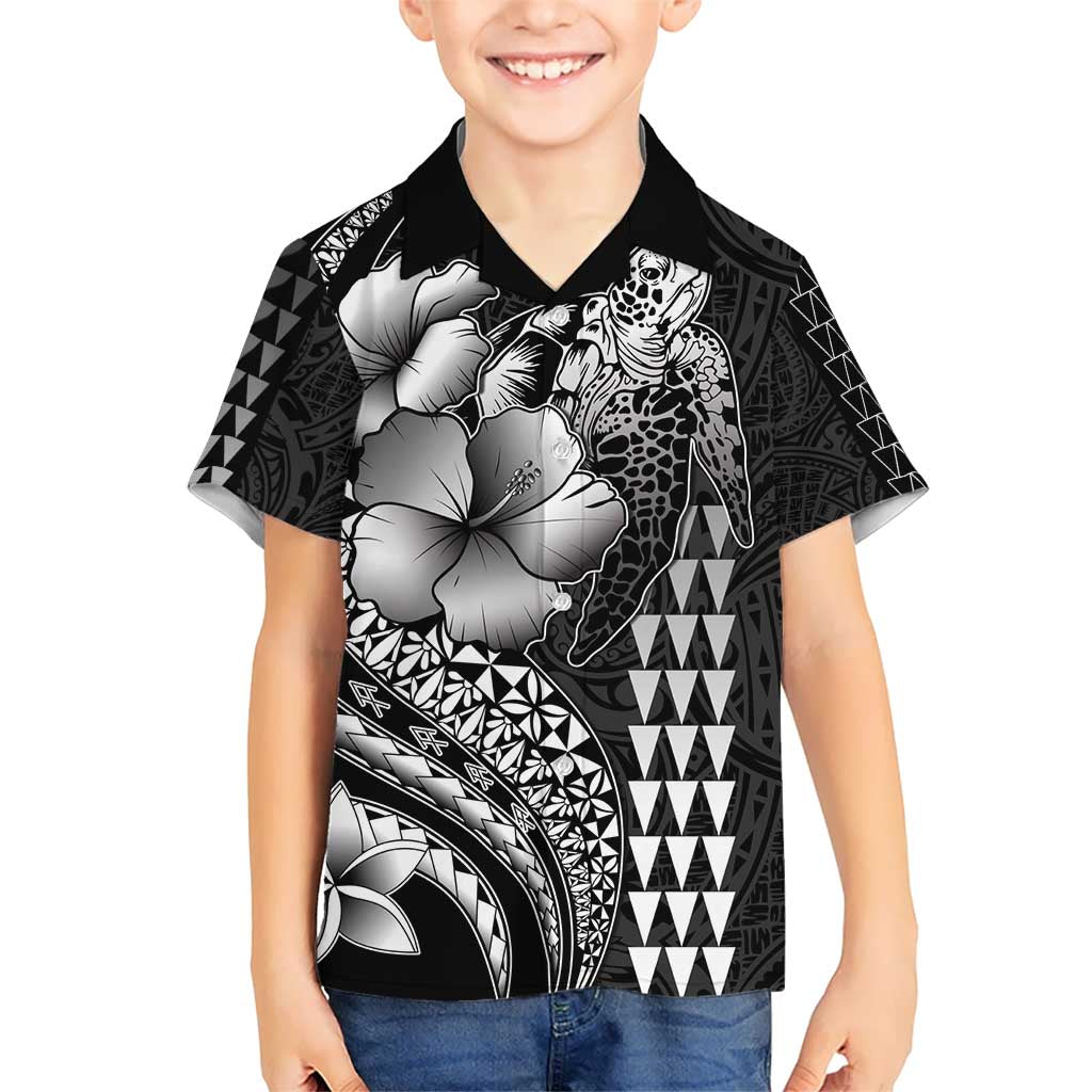 Hawaiian Sea Turtle Kid Hawaiian Shirt Black Hibiscus Flowers and Kakau Pattern