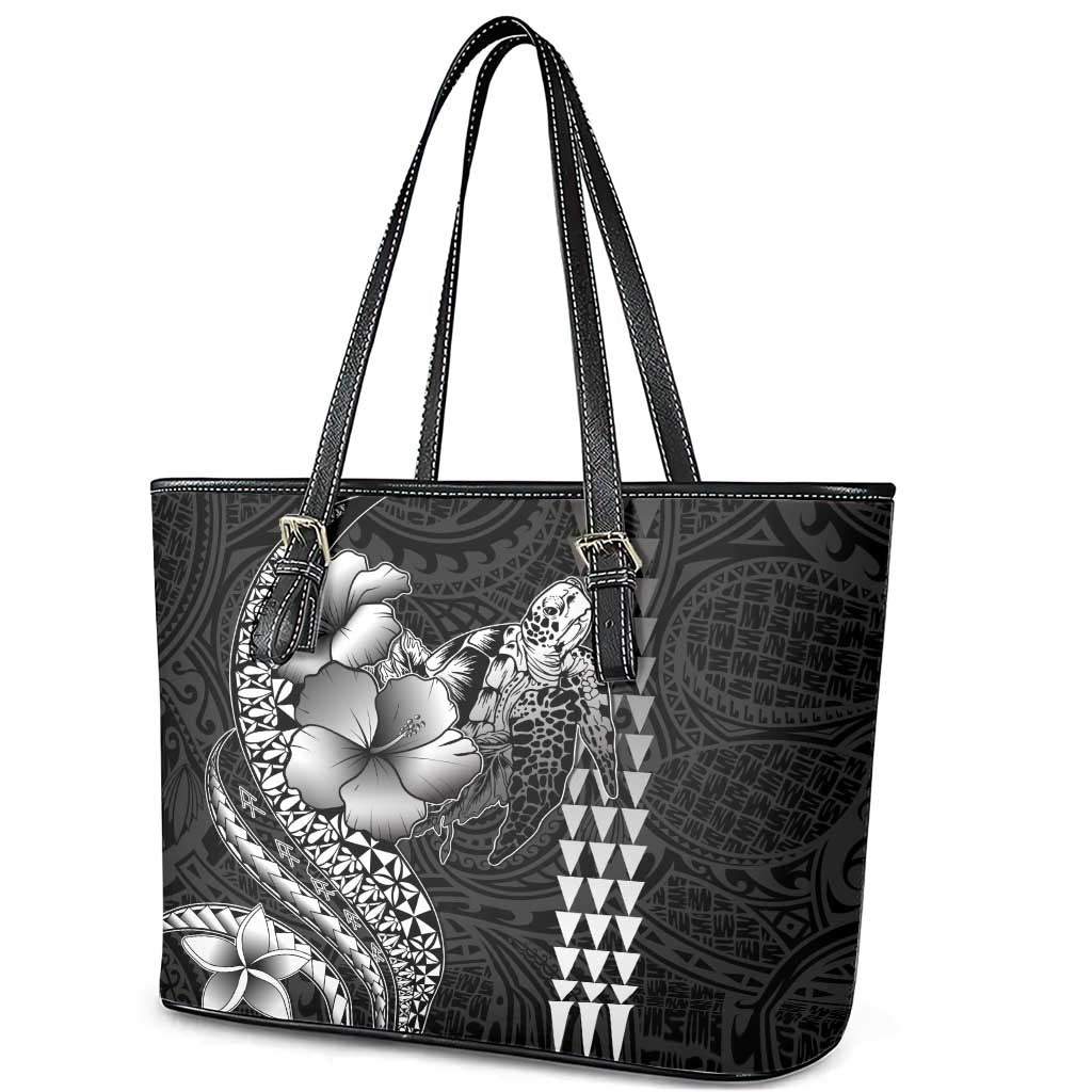 Hawaiian Sea Turtle Leather Tote Bag Black Hibiscus Flowers and Kakau Pattern