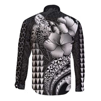 Hawaiian Sea Turtle Long Sleeve Button Shirt Black Hibiscus Flowers and Kakau Pattern
