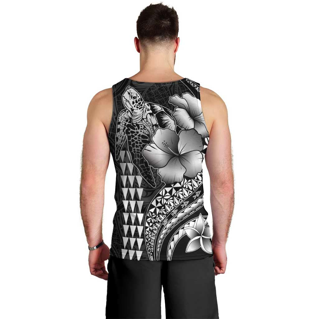 Hawaiian Sea Turtle Men Tank Top Black Hibiscus Flowers and Kakau Pattern