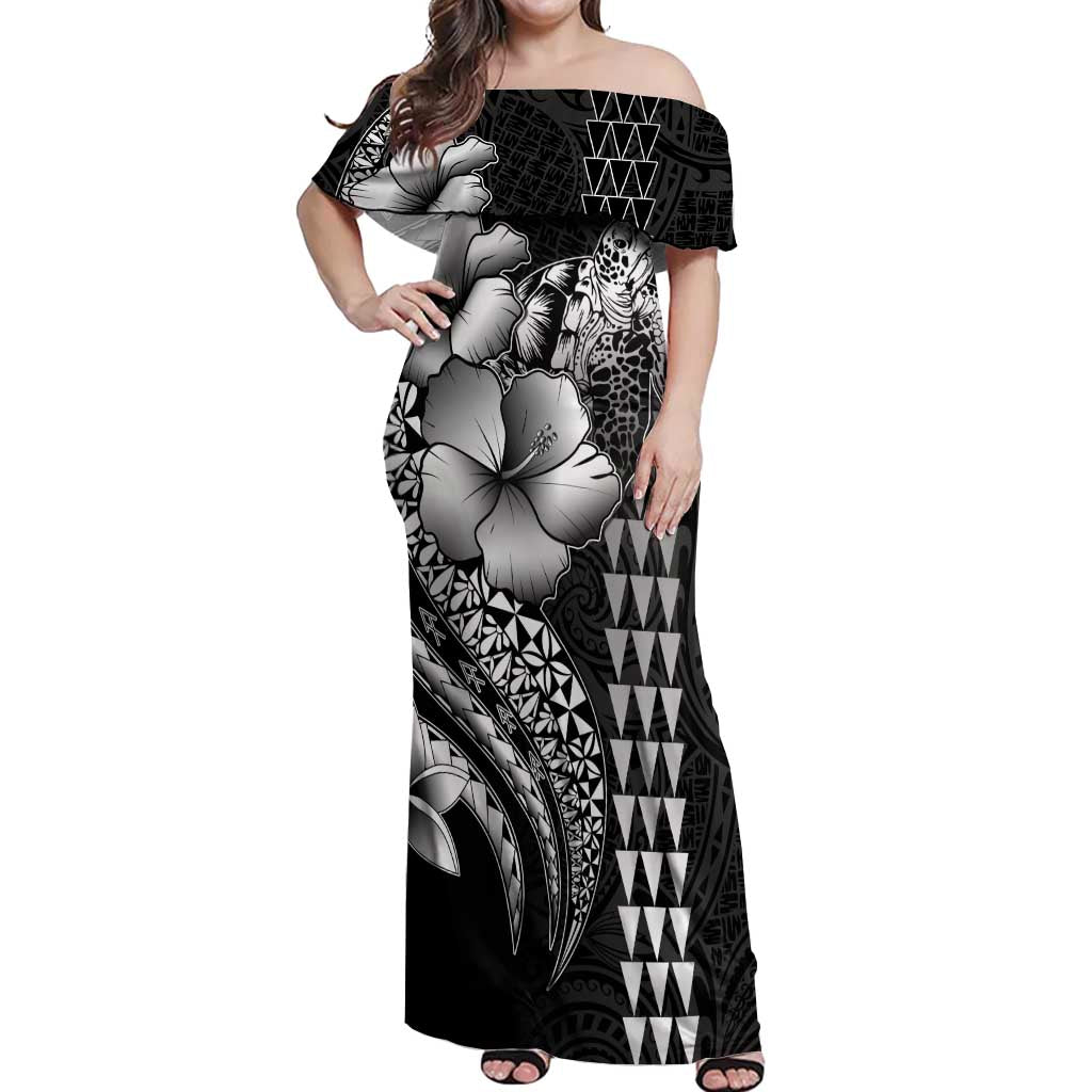 Hawaiian Sea Turtle Off Shoulder Maxi Dress Black Hibiscus Flowers and Kakau Pattern