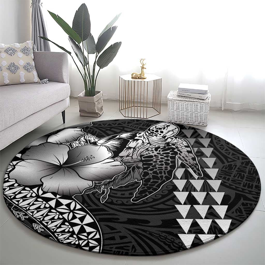 Hawaiian Sea Turtle Round Carpet Black Hibiscus Flowers and Kakau Pattern