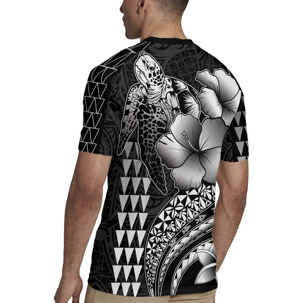 Hawaiian Sea Turtle Rugby Jersey Black Hibiscus Flowers and Kakau Pattern