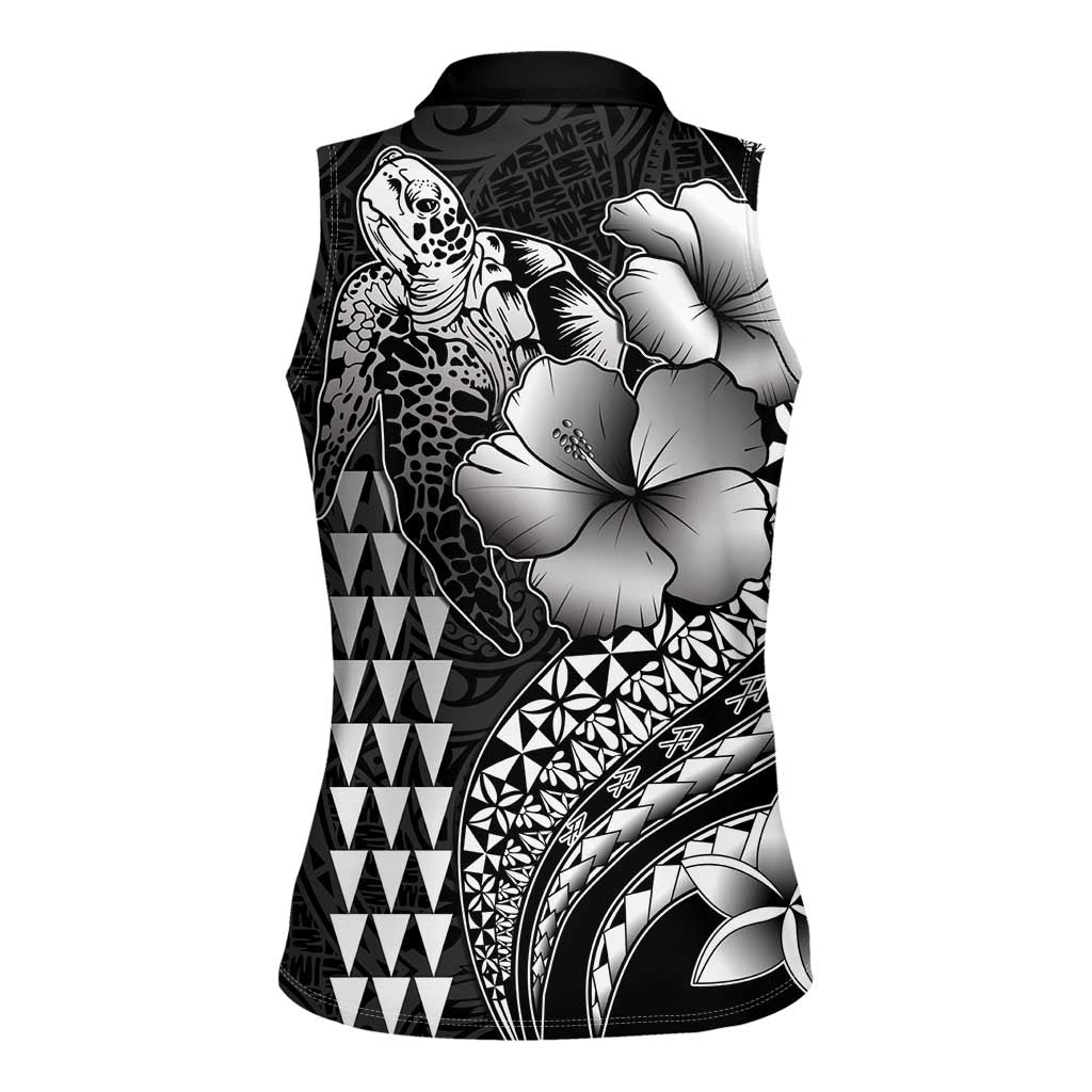 Hawaiian Sea Turtle Women Sleeveless Polo Shirt Black Hibiscus Flowers and Kakau Pattern