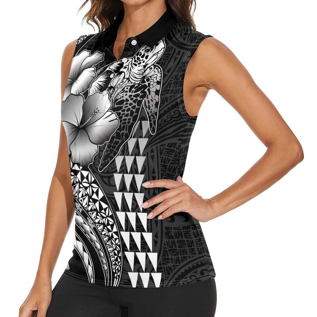 Hawaiian Sea Turtle Women Sleeveless Polo Shirt Black Hibiscus Flowers and Kakau Pattern