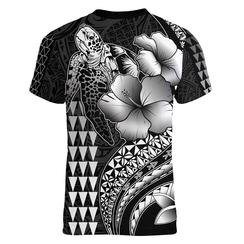 Hawaiian Sea Turtle Women V-Neck T-Shirt Black Hibiscus Flowers and Kakau Pattern