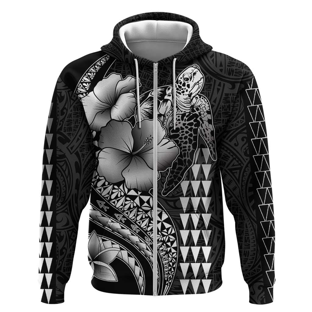 Hawaiian Sea Turtle Zip Hoodie Black Hibiscus Flowers and Kakau Pattern