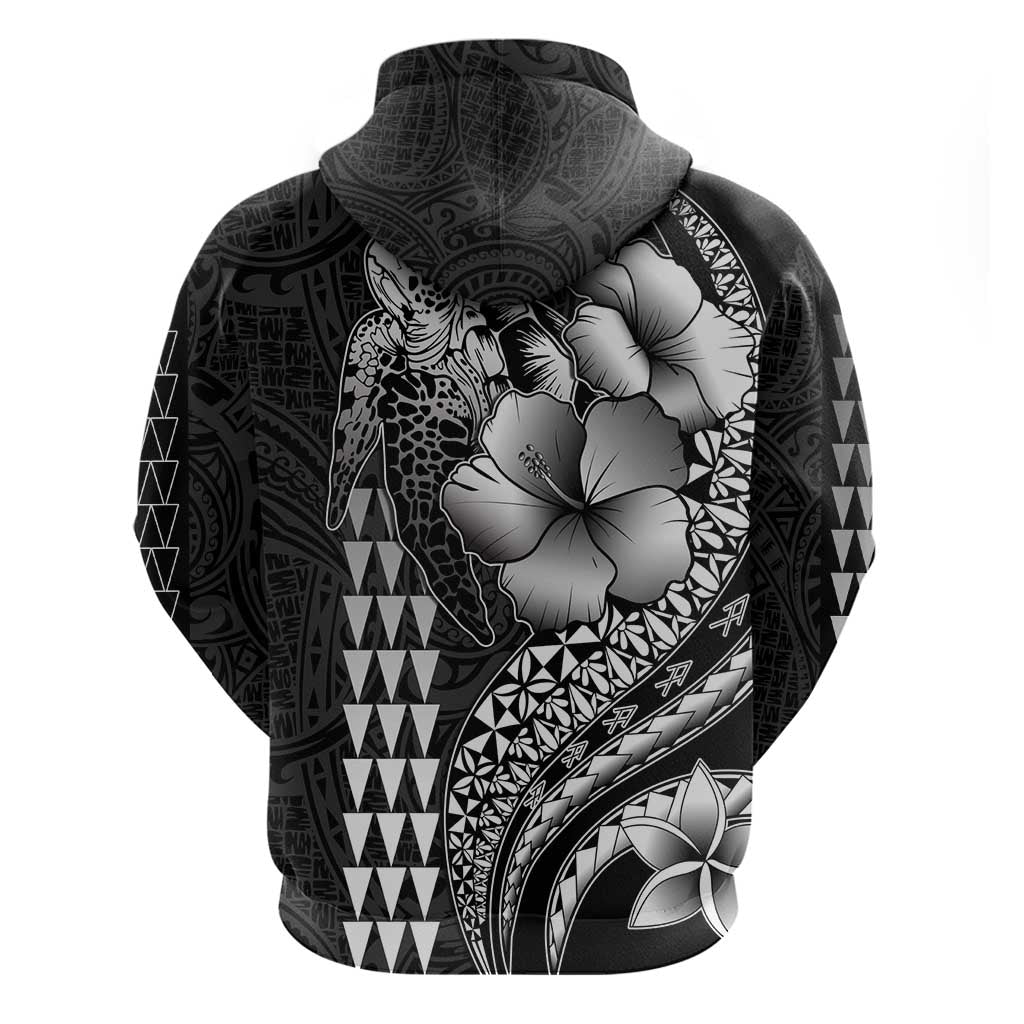Hawaiian Sea Turtle Zip Hoodie Black Hibiscus Flowers and Kakau Pattern