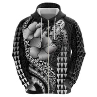 Hawaiian Sea Turtle Zip Hoodie Black Hibiscus Flowers and Kakau Pattern