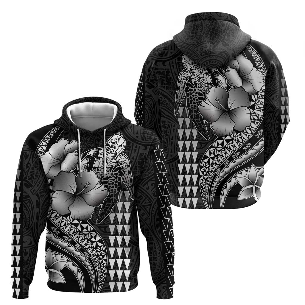 Hawaiian Sea Turtle Zip Hoodie Black Hibiscus Flowers and Kakau Pattern