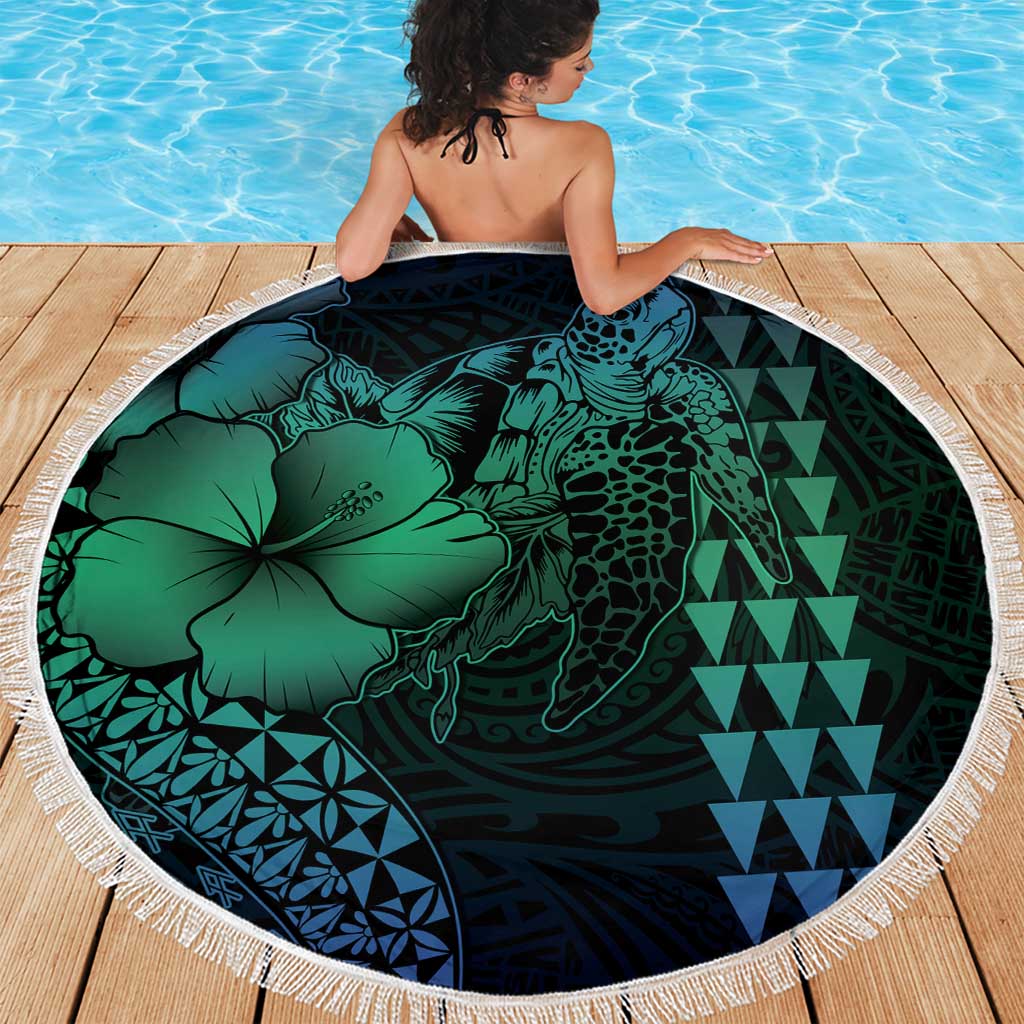 Hawaiian Sea Turtle Beach Blanket Blue Hibiscus Flowers and Kakau Pattern