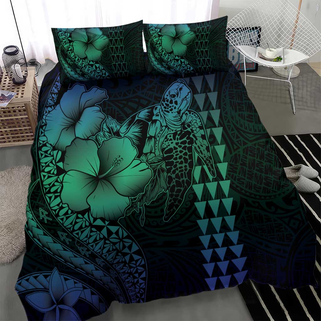 Hawaiian Sea Turtle Bedding Set Blue Hibiscus Flowers and Kakau Pattern