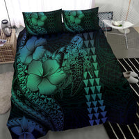 Hawaiian Sea Turtle Bedding Set Blue Hibiscus Flowers and Kakau Pattern