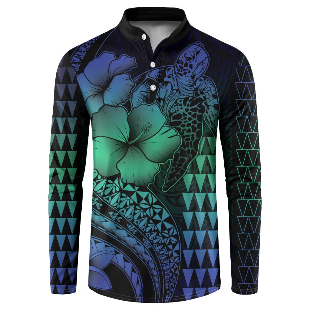 Hawaiian Sea Turtle Button Sweatshirt Blue Hibiscus Flowers and Kakau Pattern