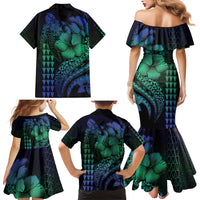 Hawaiian Sea Turtle Family Matching Mermaid Dress and Hawaiian Shirt Blue Hibiscus Flowers and Kakau Pattern