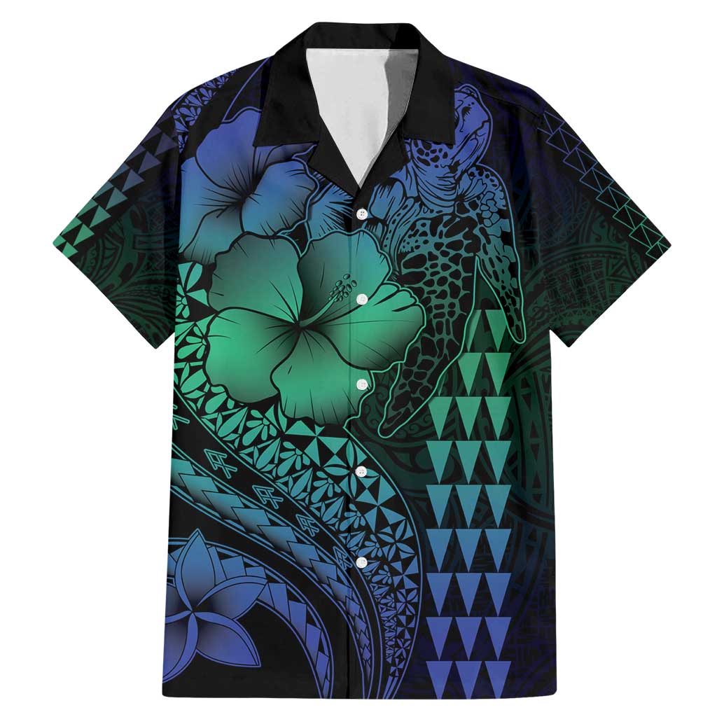 Hawaiian Sea Turtle Family Matching Mermaid Dress and Hawaiian Shirt Blue Hibiscus Flowers and Kakau Pattern
