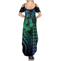 Hawaiian Sea Turtle Family Matching Summer Maxi Dress and Hawaiian Shirt Blue Hibiscus Flowers and Kakau Pattern