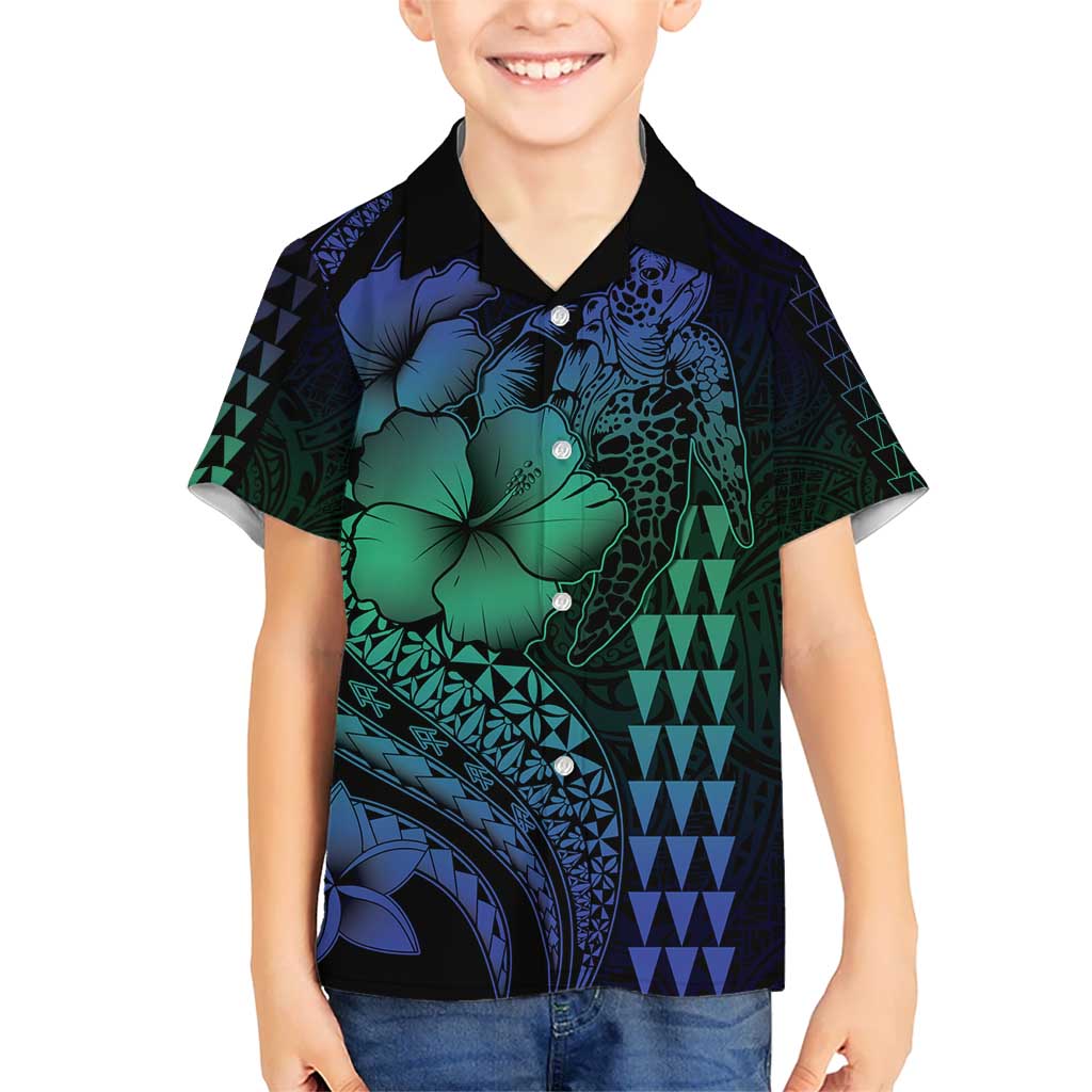 Hawaiian Sea Turtle Hawaiian Shirt Blue Hibiscus Flowers and Kakau Pattern