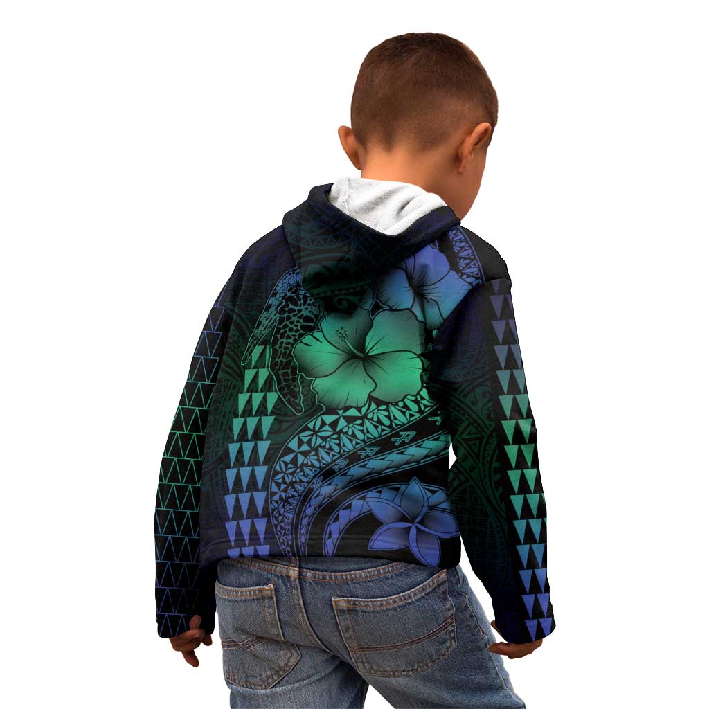 Hawaiian Sea Turtle Kid Hoodie Blue Hibiscus Flowers and Kakau Pattern