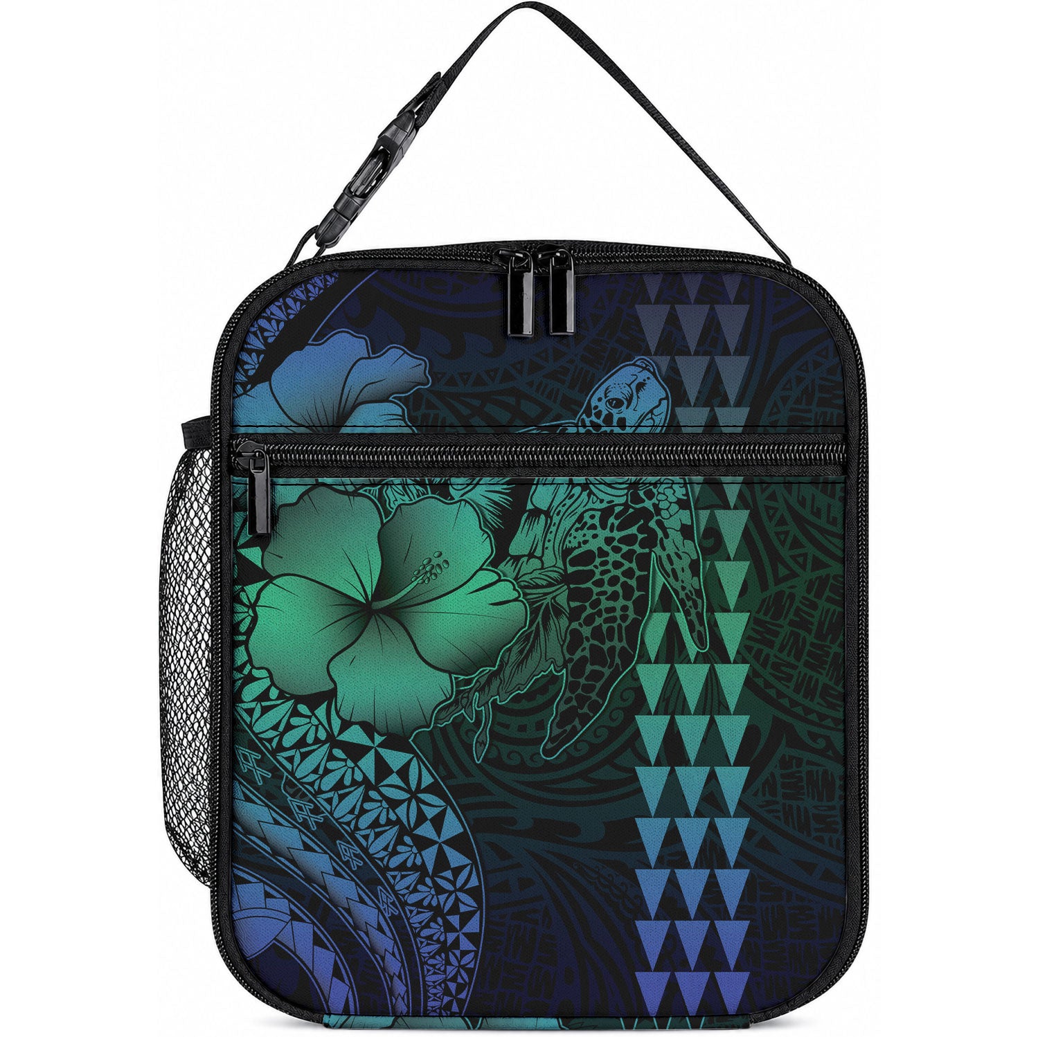 Hawaiian Sea Turtle Lunch Bag Blue Hibiscus Flowers and Kakau Pattern LT9 10.2 × 8.3 × 4.3 inch Blue - Polynesian Pride