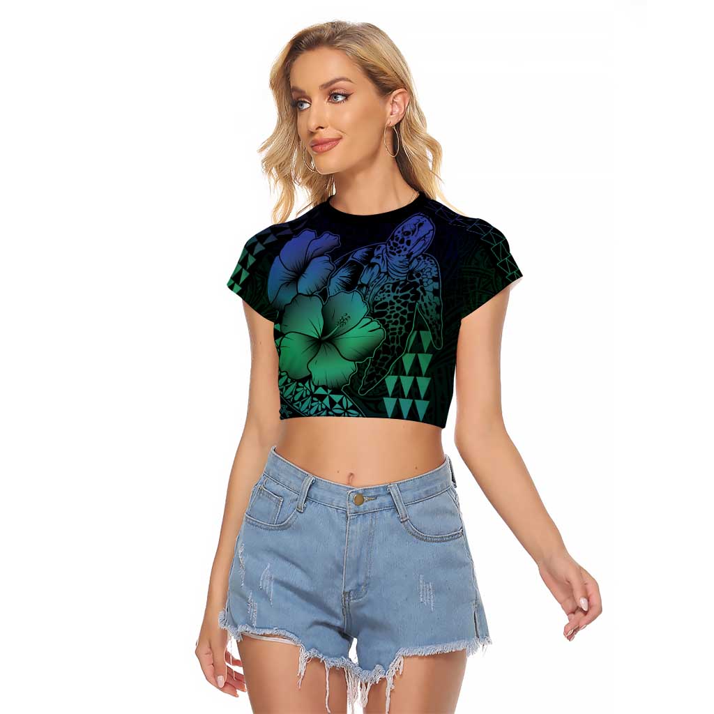 Hawaiian Sea Turtle Raglan Cropped T Shirt Blue Hibiscus Flowers and Kakau Pattern