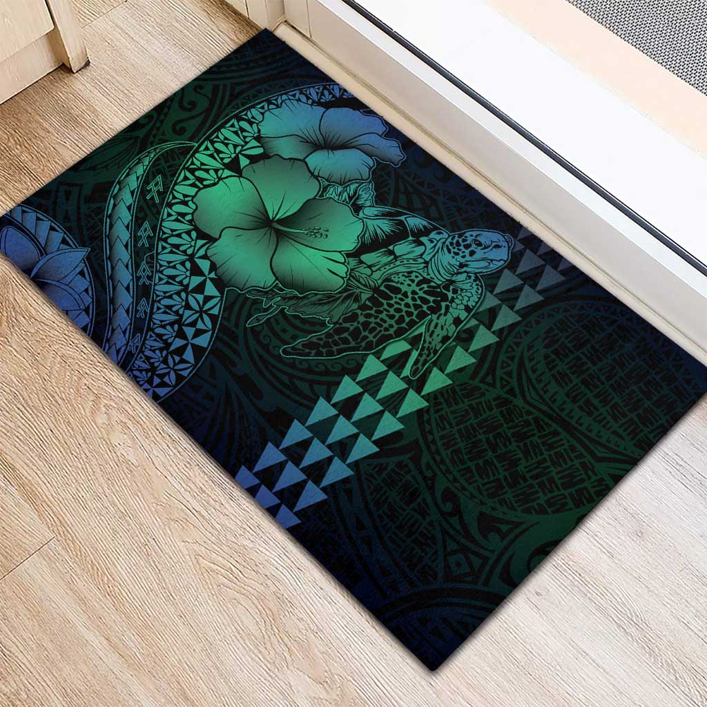Hawaiian Sea Turtle Rubber Doormat Blue Hibiscus Flowers and Kakau Pattern