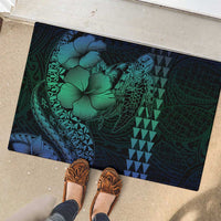 Hawaiian Sea Turtle Rubber Doormat Blue Hibiscus Flowers and Kakau Pattern