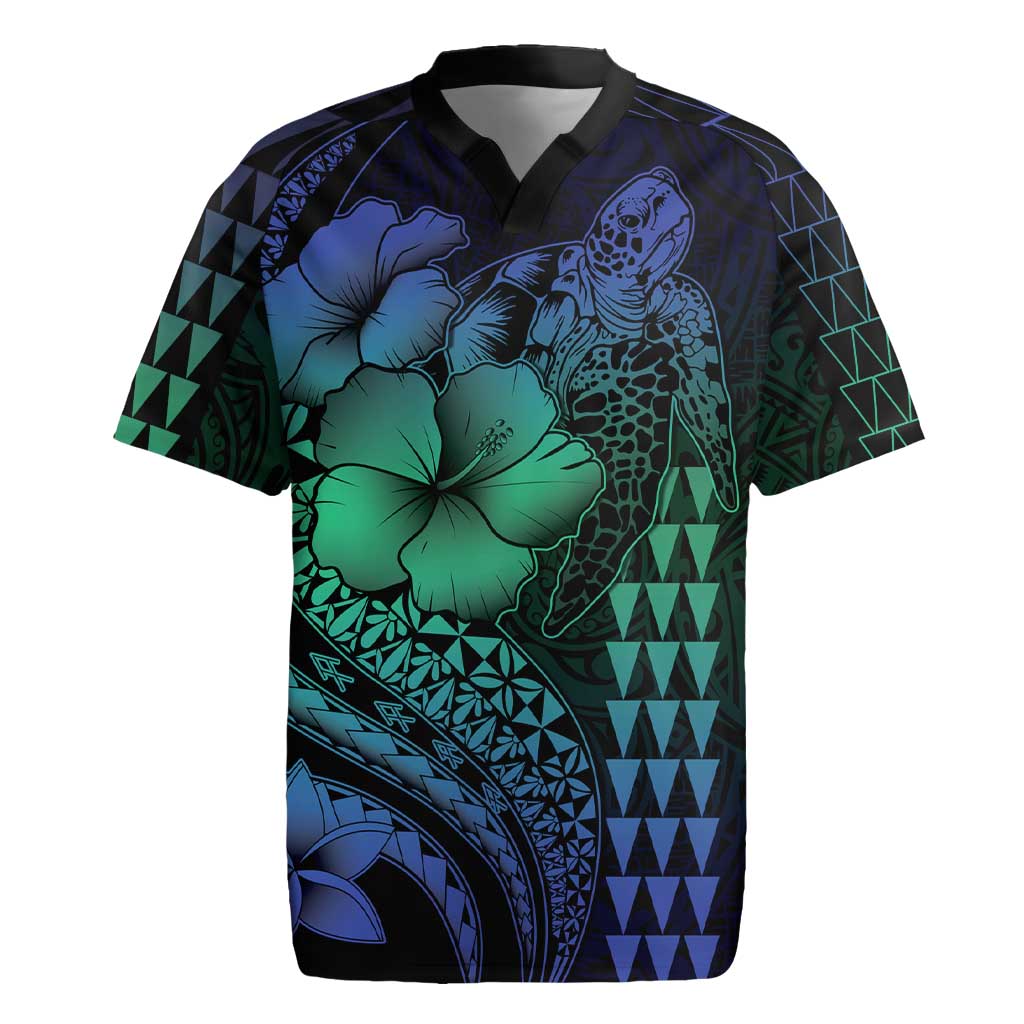 Hawaiian Sea Turtle Rugby Jersey Blue Hibiscus Flowers and Kakau Pattern