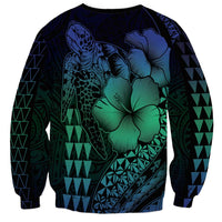Hawaiian Sea Turtle Sweatshirt Blue Hibiscus Flowers and Kakau Pattern