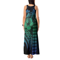 Hawaiian Sea Turtle Tank Maxi Dress Blue Hibiscus Flowers and Kakau Pattern