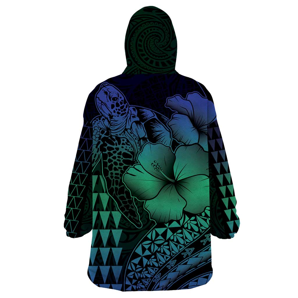 Hawaiian Sea Turtle Wearable Blanket Hoodie Blue Hibiscus Flowers and Kakau Pattern
