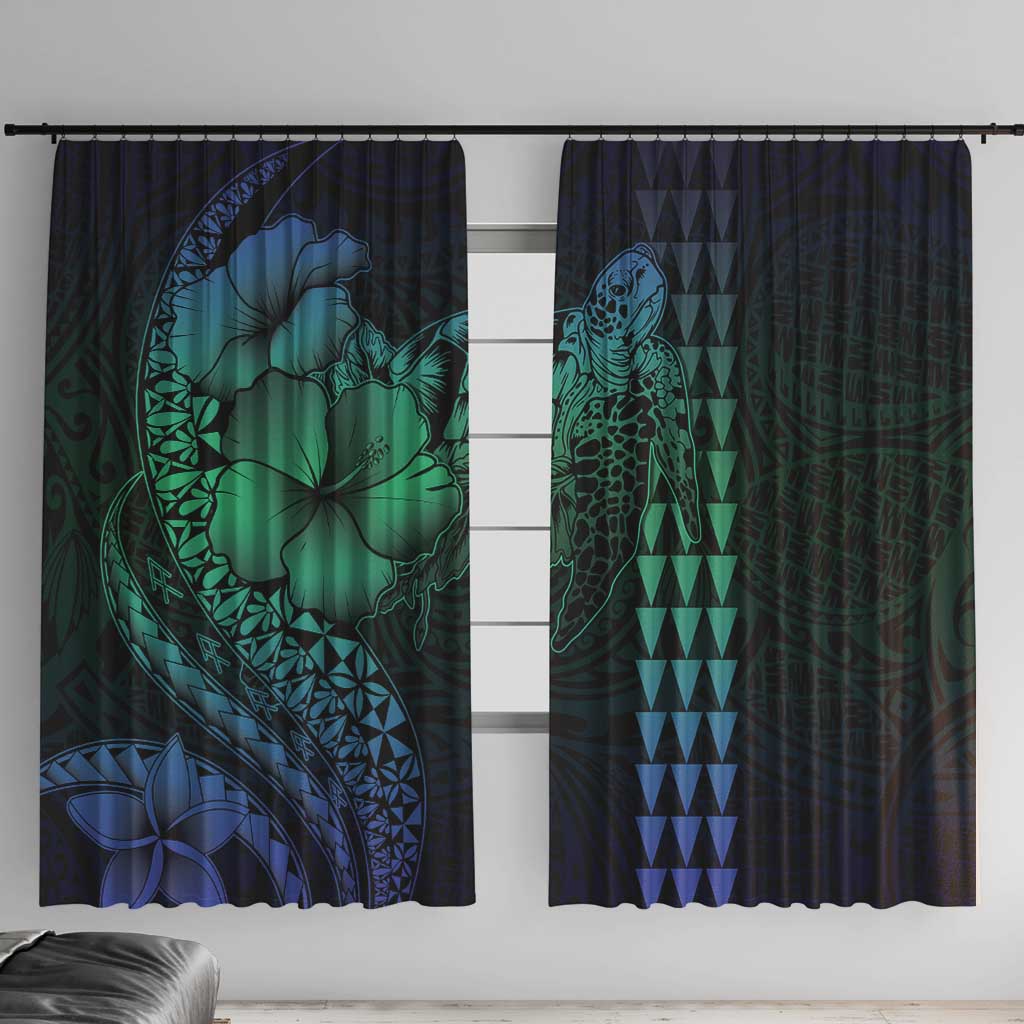 Hawaiian Sea Turtle Window Curtain Blue Hibiscus Flowers and Kakau Pattern